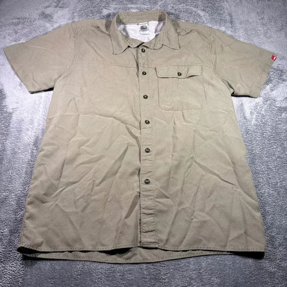 The North Face Mens XL Short Sleeve Button Down Shirt Dark Khaki Grid Hiking